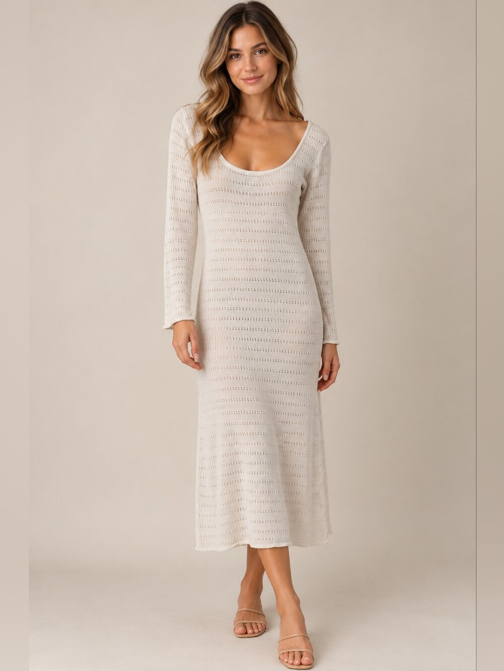 Dynamite Cream Knit Long Sleeve Sweater Dress
